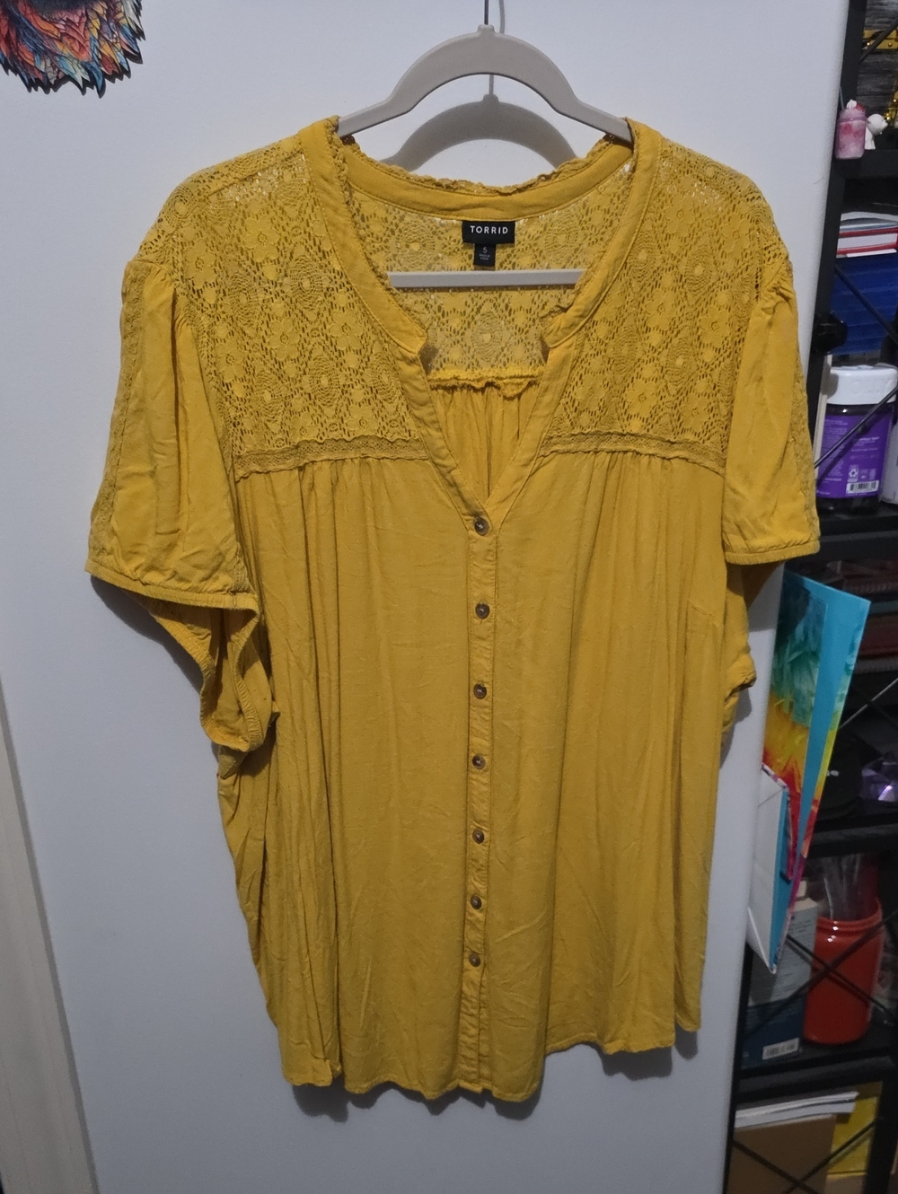 torrid Mustard Yellow Crochet Yoke Button-Front Women's Top